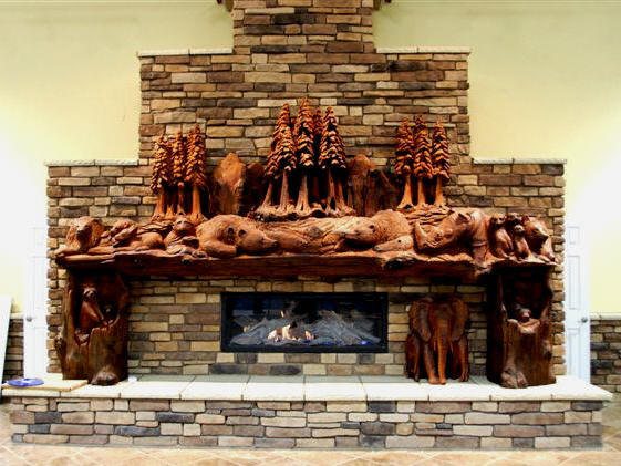 Fireplace mantel at 16' wide. Custom redwood carving by Steve Blanchard 