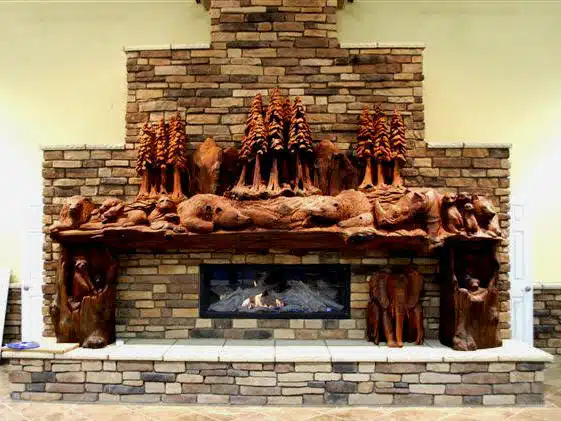 Fireplace mantel at 16' wide. Custom redwood carving by Steve Blanchard