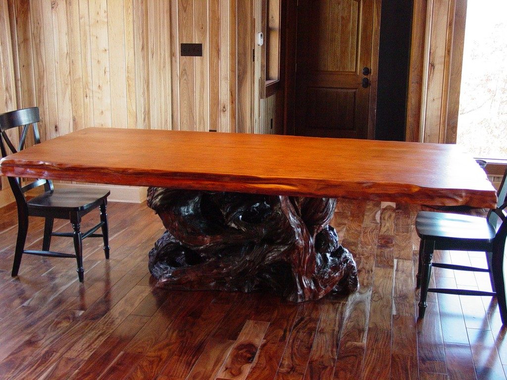 Redwood burl dining table on redwood base