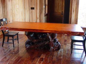 Redwood burl slab table on redwood base