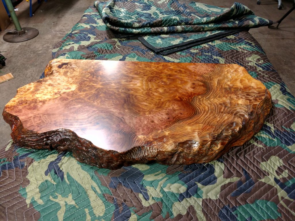 Redwood furniture - a burl wood vanity slab finished in conversion varnish