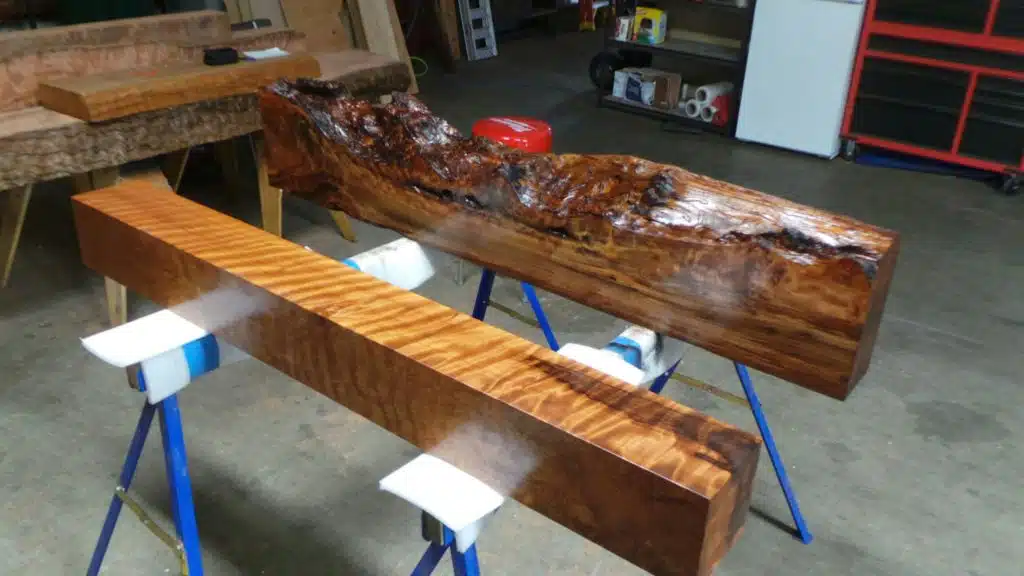 Burl wood mantels finished in Danish oil