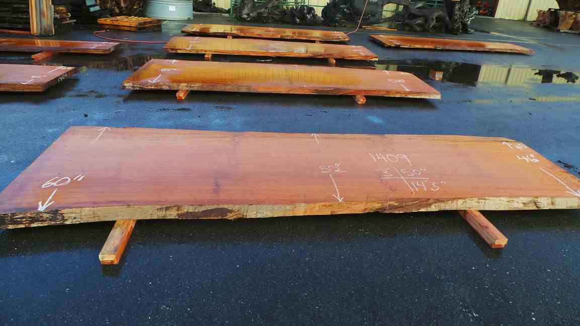Redwood slab for solid industrial dining table