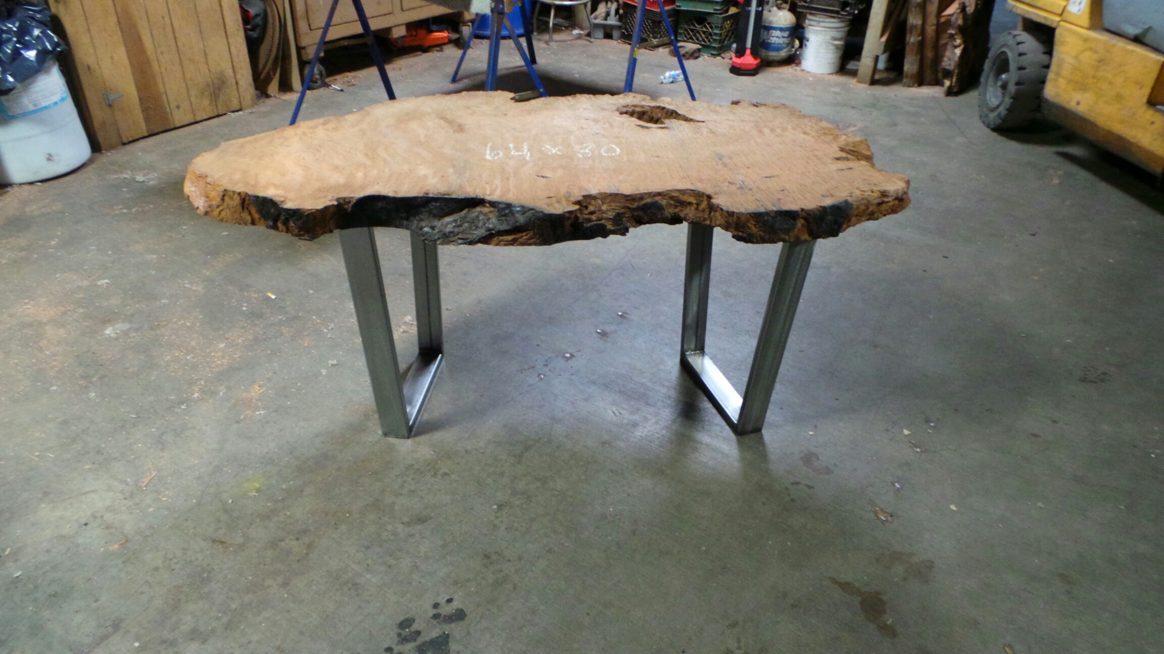 unfinished redwood table with standard metal legs (polished steel)