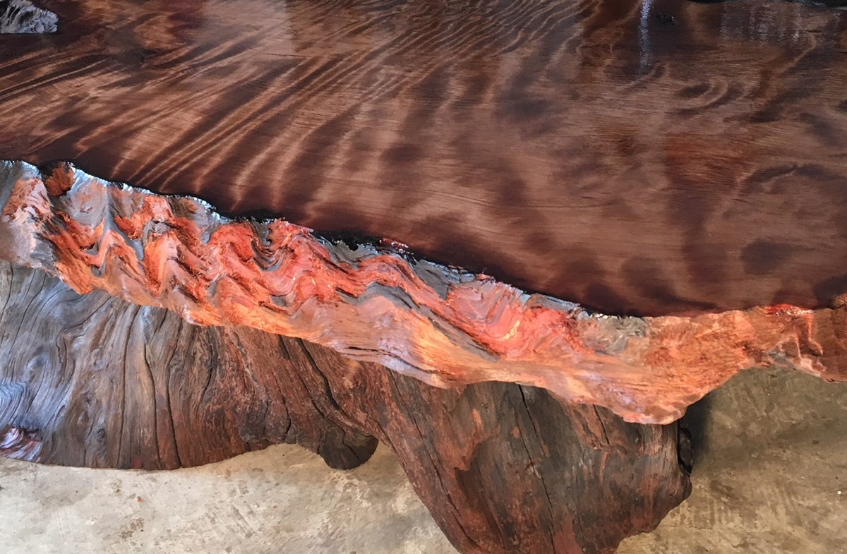 Salvaged redwood burl wood slabs for rustic wood furniture.