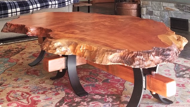 burl wood furniture - finished burl wood table with metal legs