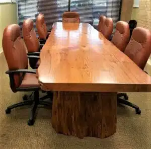 A redwood conference table finished in conversion varnish