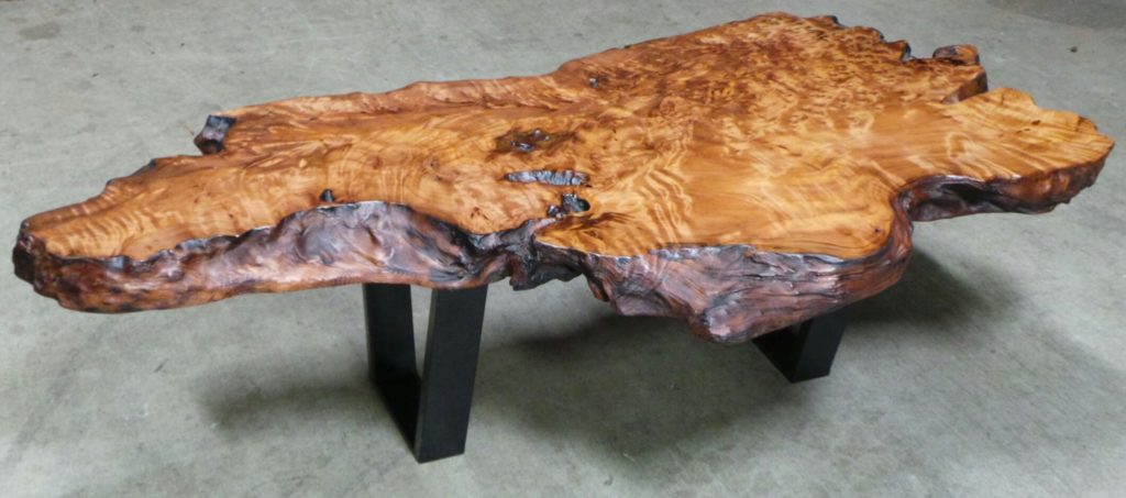 finished burl wood table with metal legs