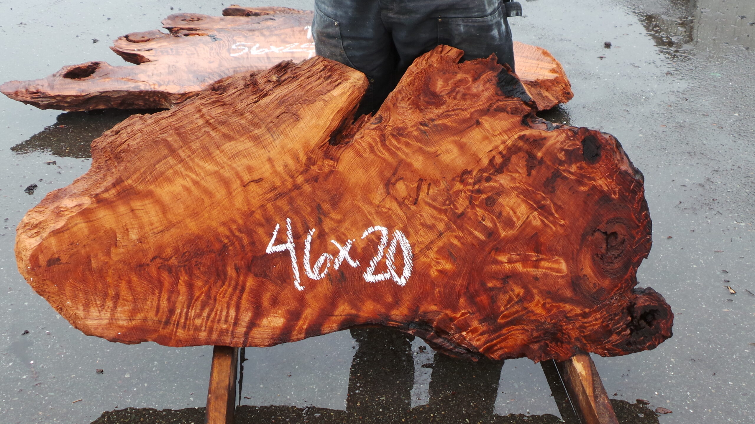 Redwood burl slam measuring 46 inches by 20 inches and 3 inches thick.