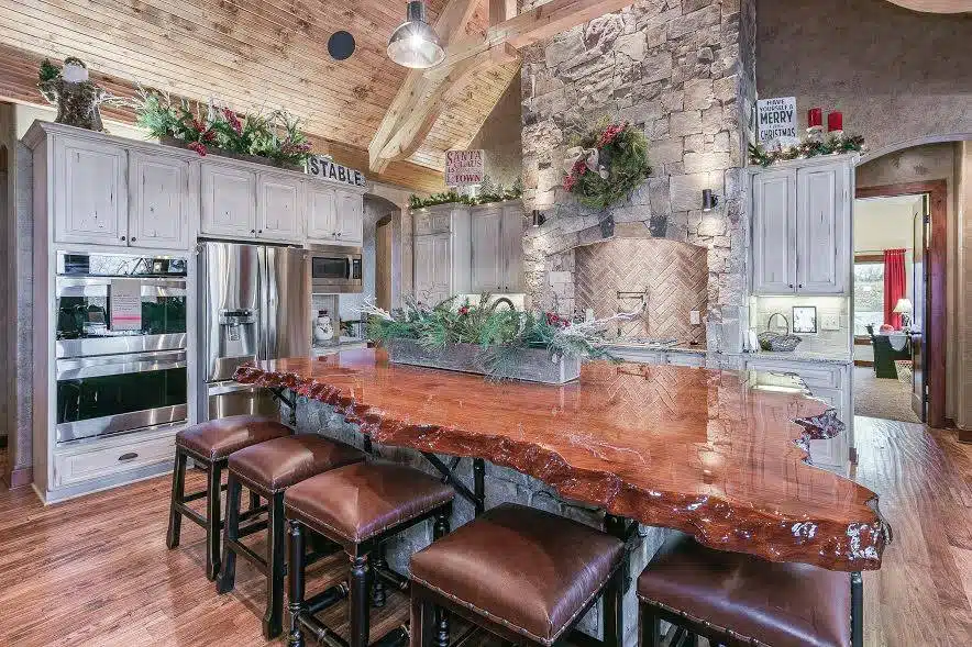 Rustic Kitchen with Live Edge Countertop and Island
